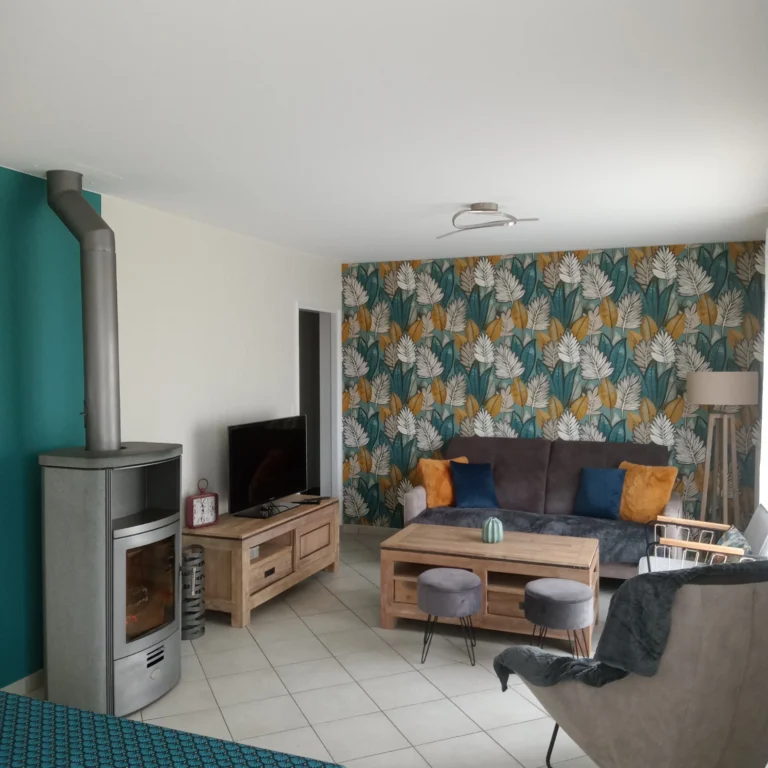 Peinture velours et papier peint motif (Salon)